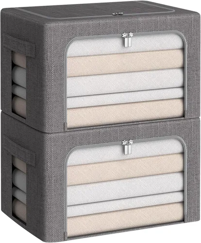 Vista 9 de CYhom Caja de almacenamiento de ropa, juego organizador plegable de tela de lino con ventana transparente, asas de transporte y marco de metal, 2