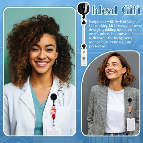 Vista 6 de Sayglossy 15 carretes retráctiles para tarjetas de identificación con clip de cocodrilo, barras en blanco con cuentas en blanco, regalo