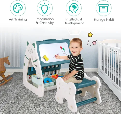 Vista 8 de Costzon Caballete de arte 3 en 1 para niños, pizarra magnética de borrado en seco de doble cara y estante para libros para niños con silla