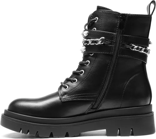 Vista 3 de DREAM PAIRS Botas de combate con plataforma de moda para mujer, con cordones, suela gótica, botines de tobillo, plateado