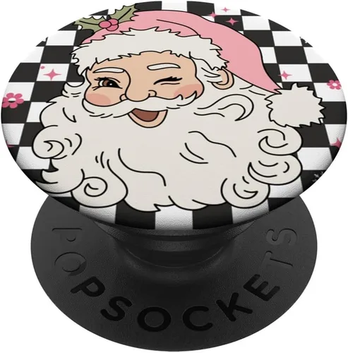 Vista 6 de PopSockets MagSafe PopGrip para iPhone con diseño de nieve floral rosa a cuadros de Papá Noel retro de Navidad