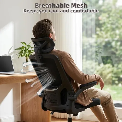 Vista 7 de Silla de oficina ergonómica con reposacabezas, silla de escritorio de malla con respaldo alto, soporte lumbar ajustable, silla giratoria
