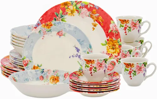 Vista 32 de Tudor Royal - Juego de vajilla redonda de porcelana de 12 piezas, servicio para 4, diseño botánico, flores de verano, platos, cuencos, brillante