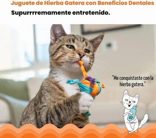 Vista 2 de Catstages Catnip Tons of Tails - Juguete interactivo masticable dental con hierba gatera para gatos con cuerda, cinta y algodón para batear