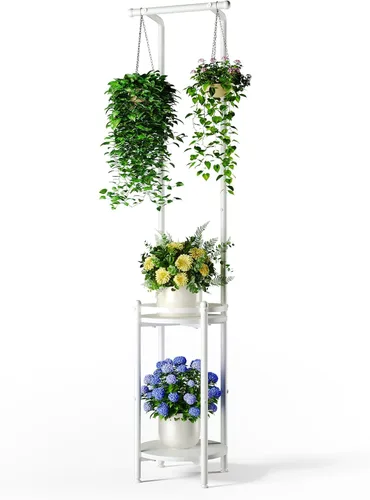 Vista 10 de Homsorout Soporte para plantas para interiores y exteriores, soporte de metal resistente de 2 niveles para plantas colgantes de hierro que ahorra