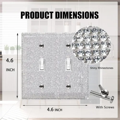 Vista 12 de Placa de pared con diamantes de imitación plateados brillantes plateados, placa de cubierta de interruptor de luz, cubierta de enchufe de grano