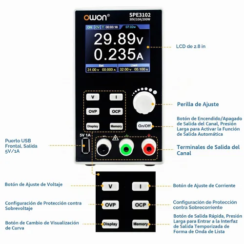 Vista 5 de OWON SPE3102 Fuente de alimentación programable de laboratorio (0-30V 0-10 A), fuente de alimentación CC de banco de 200 W con pantalla LCD de 2.8