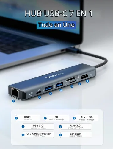 Vista 2 de dockteck Hub USB C 7 en 1 con HDMI 4K 60Hz, Ethernet de 1 Gbps, entrega de energía de 100 W, ranuras para tarjetas SD/TF, puertos de datos USB 3.0