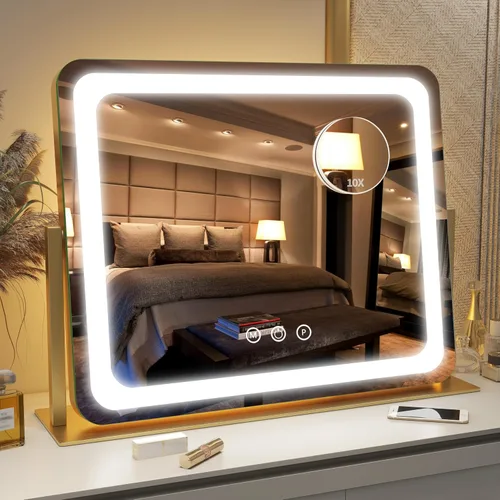 Vista 25 de FENNIO - Espejo de tocador con luces, espejo de maquillaje iluminado LED, pantalla táctil con 3 modos de iluminación, regulable, para mesa
