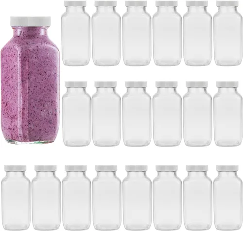 Vista 10 de Botellas para beber bebidas de 12 onzas, botella de agua de vidrio con tapas, octogonal vintage de 11.8 fl oz, botellas de jugo para almacenamiento
