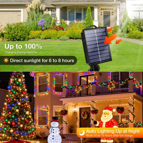Vista 6 de Luces solares de Navidad al aire libre, 72 pies, 200 luces LED solares con 8 modos, cadena de luces de Navidad impermeable para patio, jardín