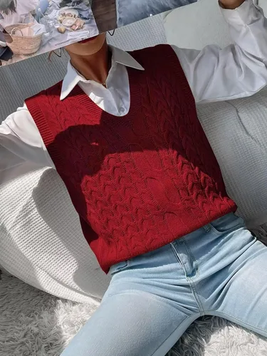 Vista 5 de Chaleco casual de punto trenzado con cuello en V para mujer, color liso, sin mangas, chaleco para mujer