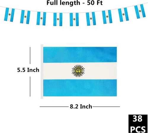 Vista 2 de Bandera argentina de 50 pies con cadena de bandera argentina, mini bandera argentina pequeña, para decoración de fiestas, tiendas y bares
