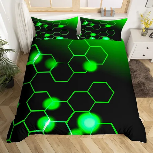 Vista 25 de Feelyou Juego de ropa de cama verde y negro tamaño individual para niños y adolescentes, juego de funda de edredón con temática hexagonal