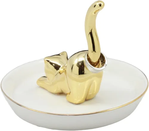 Vista 3 de dorado Feline Cat KittenFigura cerámica anillo Accessory Jewelry Holder vanidad Gres