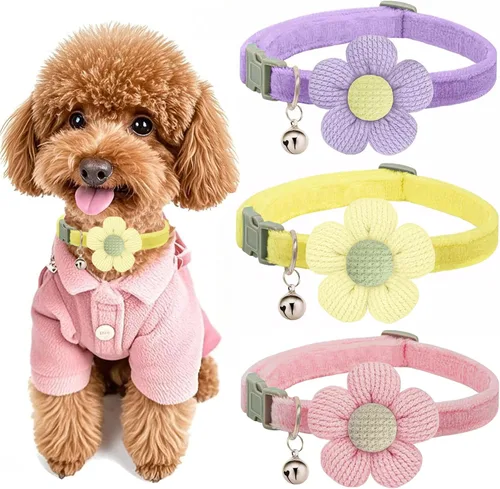 Vista 9 de Collar para perros pequeños con flor, collares para cachorros, collares para perros pequeños con campana, para hembras y machos pequeños