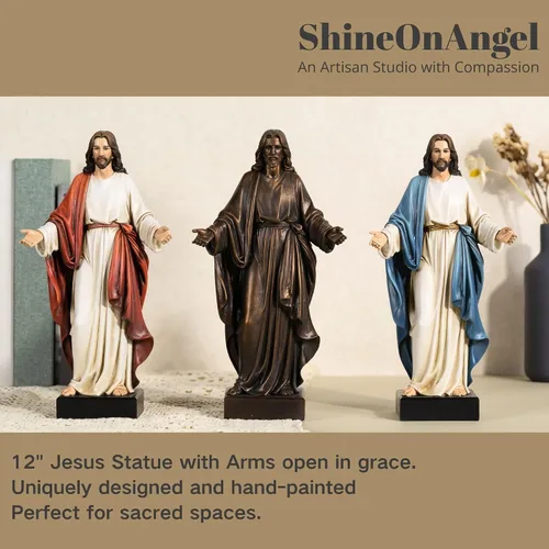 Vista 6 de Estatua de Jesús de 12 pulgadas con brazos abiertos, figura de Jesucristo pintada a mano en túnica azul, escultura religiosa de resina realista