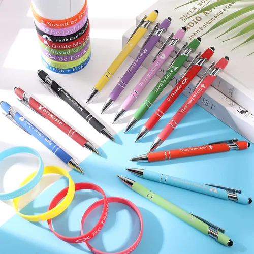 Vista 7 de Glenmal Juego de 24 pulseras de bolígrafos cristianos, regalos cristianos, bolígrafos de tinta negra, pulseras de goma de colores para niños