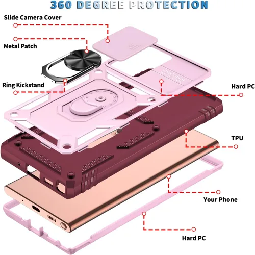 Vista 2 de PASNEW Funda rosa para Samsung Note 20 Ultra, funda para lente de cámara y soporte, funda rígida militar resistente a prueba de golpes para Galaxy