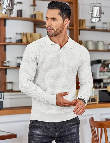 Vista 2 de COOFANDY Polo de punto para hombre, de manga larga, ligero, a la moda, informal, con cuello