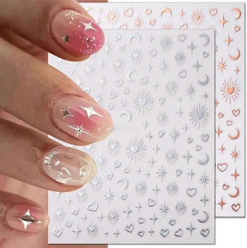 Vista 5 de 12pcs Aurora Plata Estrella Luna Nail Art Pegatinas 3D para las Mujeres Oro Rosa Sol Corazón Calcomanías de Diseño Láser Suministros