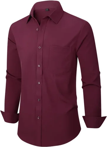 Vista 59 de corfty Camisa de vestir de manga larga para hombre, ajuste regular, elástica, sin arrugas, casual, con botones