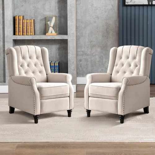 Vista 7 de Silla Reclinable Push Back, Silla de Acento de Tela Reclinable Push Back con Decoración de Remaches, Respaldo Abotonado Capitoné, Sillón Wingback