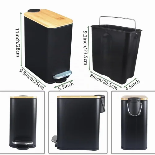 Vista 3 de SIDIANBAN Basurero de baño con tapa de bambú, cierre suave y pedal de pie, pequeño cubo de basura rectangular delgado con papelera