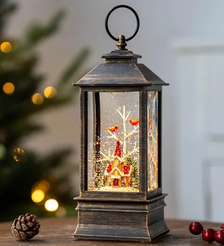 Vista 32 de Globo de nieve navideño con agua brillante, escena de cardenal con música y temporizador, linterna iluminada con USB/operada por batería