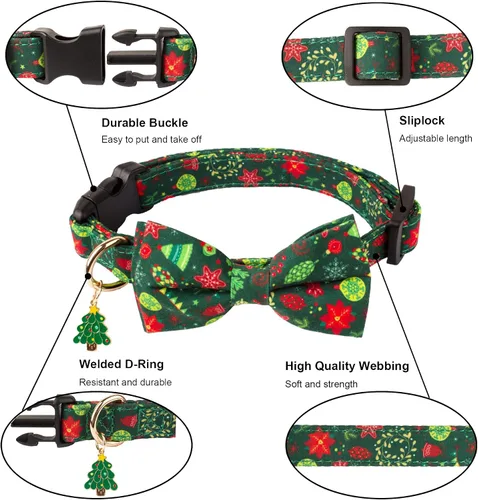 Vista 5 de ADOGGYGO Collares de Navidad para Perros con Corbatín, Collar Ajustable de Navidad para Mascotas con Corbatín Rojo Verde, Collares de Navidad