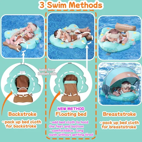 Vista 3 de Mambobaby Flotador con Toldo y Cola Nuevo Mejorado Flotador de Piscina No Inflable para Bebé Flotador de Natación Mambo Entrenador de Natación