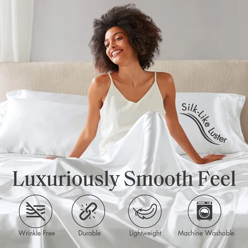 Vista 213 de Madison Park Essentials - Juego de sábanas de satén de lujo y sedoso con brillo natural, bolsillo elástico de 14 pulgadas para colchones de hasta 16