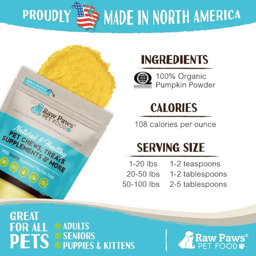 Vista 2 de Raw Paws Polvo de calabaza orgánico para perros y gatos (4 onzas) - Fabricado en Estados Unidos - Fibra para gatos - Taburete saludable - Alivio