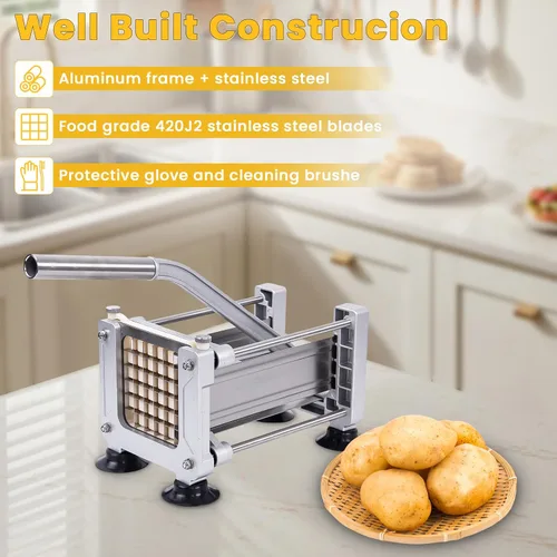 Vista 4 de Cortador de papas fritas de servicio pesado con 3 cuchillas de acero inoxidable (1/4" 3/8" 1/2") - Rebanador manual de papas de metal para verduras