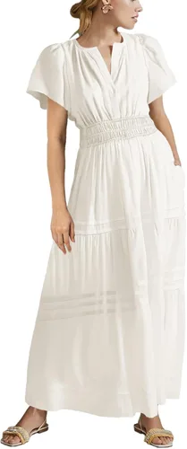 Vista 3 de Doshoop Vestido largo bohemio de verano para mujer, manga con volantes, cuello en V, fruncido, escalonado, escalonado, para playa, vestido largo