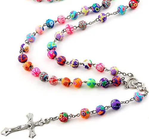 Vista 2 de YEYULIN Collar largo de rosario de arcilla polimérica con cuentas de aleación de cruz virgen cristiana católica joyería rosario solo para mujeres