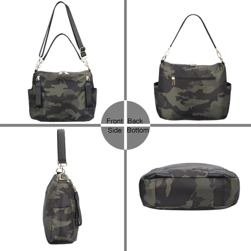 Vista 5 de PAKFIEKS Bolso cruzado de nailon impermeable para mujer, bolso de mano de camuflaje de gran capacidad, antirrobo, ligero, bolso de hombro de viaje