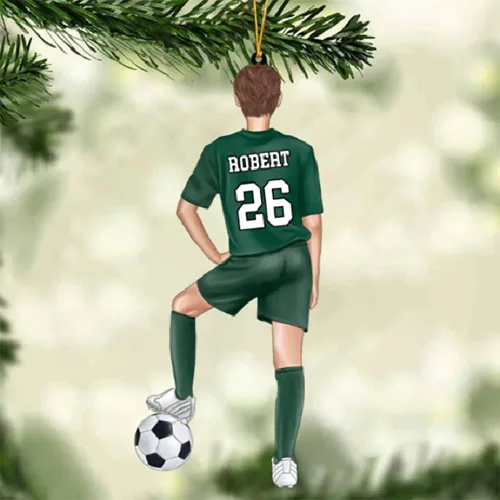 Vista 4 de Adorno de Navidad personalizado para jugador de fútbol; regalo personalizado para colgar en el árbol de Navidad 2D; gran idea de regalo