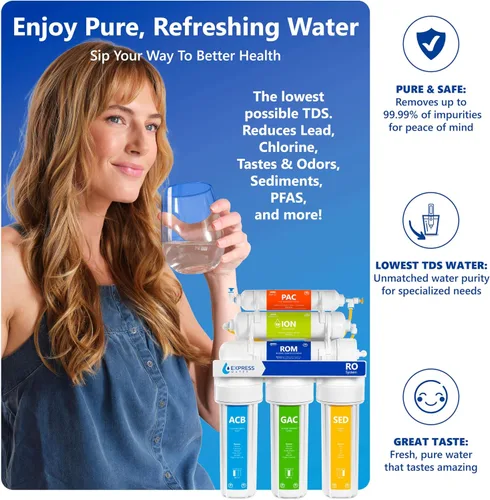 Vista 3 de Express Water ROD 10D Sistema de filtrado de agua potable por ósmosis inversa y deionización de 6 etapas - Membrana 100 GPD RO - Filtro de uso