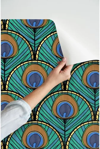 Vista 3 de Spoonflower Despegar y pegar papel pintado Swatch – Patrón de abanico Art Deco de pavo real pluma azul verde 1920 inspirado vintage dorado estampado