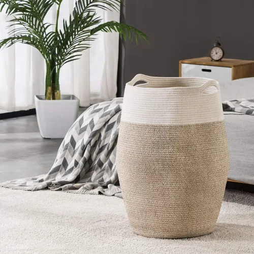 Vista 6 de YOUDENOVA - Cesta grande para ropa sucia de cuerda de algodón tejida,canasto de lavandería para el cuarto de lavar o el dormitorio, 25.6 pulgadas