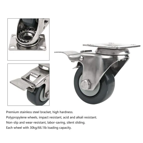 Vista 2 de Rueda giratoria con ruedas de freno, 1.5 pulgadas, carga de 66.1 lbs/66.1 libras, polipropileno 304, acero inoxidable 304, freno sin rastro, soporte