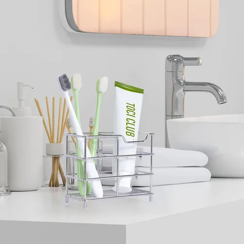 Vista 7 de Soporte para cepillo de dientes de baño de acero inoxidable, soporte eléctrico para pasta de dientes, con 5 ranuras multifuncionales