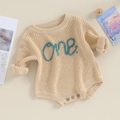 Vista 2 de Mameluco de punto unisex para bebé niña y niño, mameluco de gran tamaño, lindo traje de primer cumpleaños, ropa de otoño e invierno