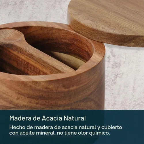 Vista 5 de KITCHENDAO Caja de Tazón de Sal y Pimienta de Madera de Acacia, Cuchara Incorporada, Contenedor de Condimentos de Especias de Dos Compartimentos