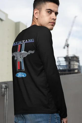 Vista 3 de Ford Mustang Pony Racing Stripe 5.0 Muscle Cars Camiseta de manga larga con estampado delantero y trasero Negro