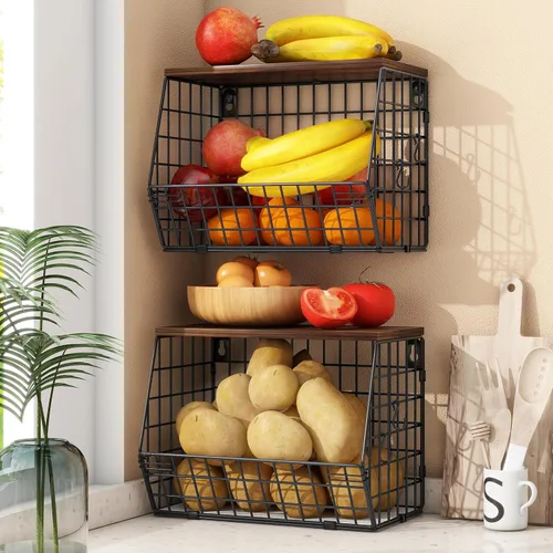 Vista 11 de Mefirt Estante Magnético para Refrigerador con Tapa de Madera, Cesta de Frutas Resistente, Contenedores de Almacenamiento de Frutas, Papas