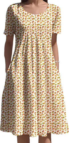 Vista 21 de Vestidos bohemios para mujer, estampado floral, manga corta, cuello redondo, talla grande, vestido de vacaciones con bolsillos para verano 2025