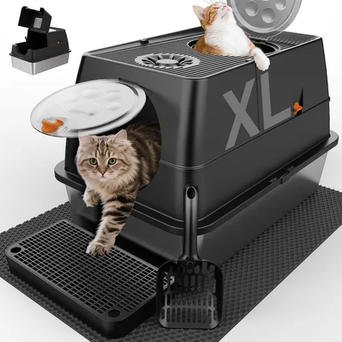 Vista 11 de Paquete de 2 cajas de arena de acero inoxidable con tapa, caja de arena extra grande cerrada de metal para gatos grandes y varios gatos, fácil