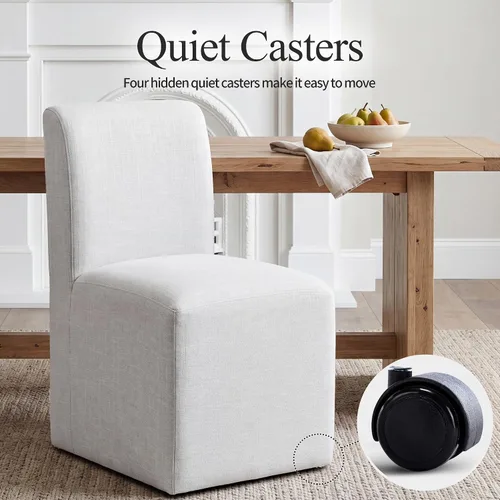 Vista 5 de DUHOME Silla de comedor tapizada con ruedas, sillas de comedor modernas de lino con ruedas para comedor, dormitorio, sala de lectura, sala de estar